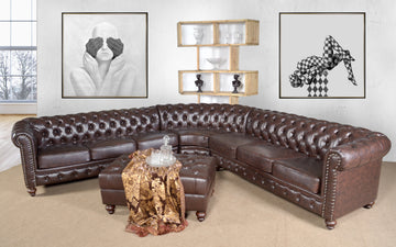 Classic Chesterfield Brown Sectional with Ottoman (KIT)