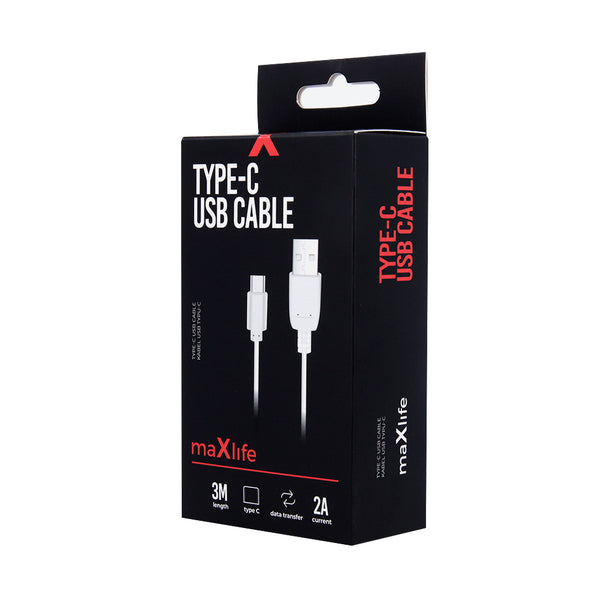 Maxlife cable USB - USB-C 3,0 m 2A white