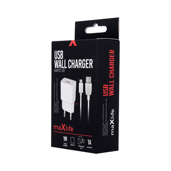 Maxlife MXTC-01 charger 1x USB 1A whIte + USB-C cable