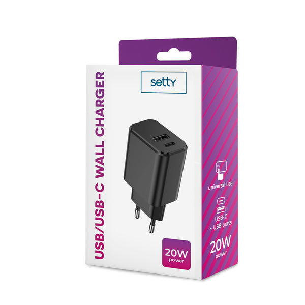 Setty charger 1x USB + USB-C 3A 20W black