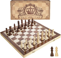 15 Inches Magnetic Wooden Chess Set - 2 Extra Queens - Folding Board, Handmade Portable Travel Chess Board Game