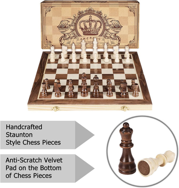 15 Inches Magnetic Wooden Chess Set - 2 Extra Queens - Folding Board, Handmade Portable Travel Chess Board Game