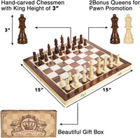 15 Inches Magnetic Wooden Chess Set - 2 Extra Queens - Folding Board, Handmade Portable Travel Chess Board Game