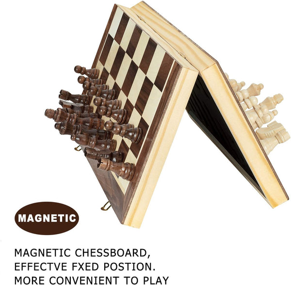 15 Inches Magnetic Wooden Chess Set - 2 Extra Queens - Folding Board, Handmade Portable Travel Chess Board Game