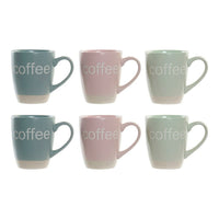 Mug DKD Home Decor Multicolour Blue Pink Rubber wood Green Stoneware 160 ml (3 Units) (7 pcs)