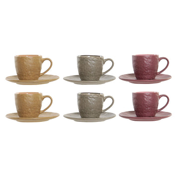 Set of Mugs with Saucers DKD Home Decor Grey Maroon Stoneware Mustard (3 pcs) (90 ml)