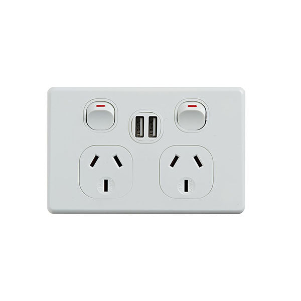 Classic Double Power Point 250V 10A With 5V Usb Ports Horizontal