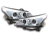 Set fari allo xeno Angel Eyes LED BMW Serie 5 E60 / E61 03-04 cromato per guida a destra