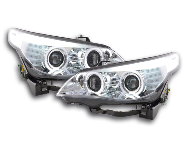 Set fari allo xeno Angel Eyes LED BMW Serie 5 E60 / E61 05-08 cromato per guida a destra