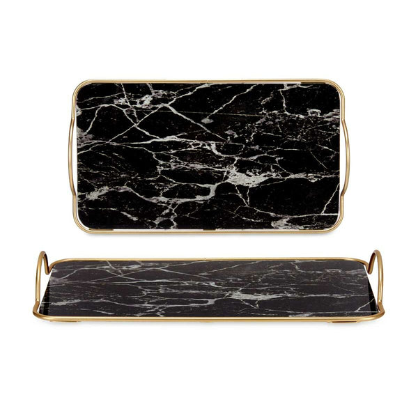 Tray Marble Black Golden Metal Glass 35 x 4,5 x 20 cm (6 Units)