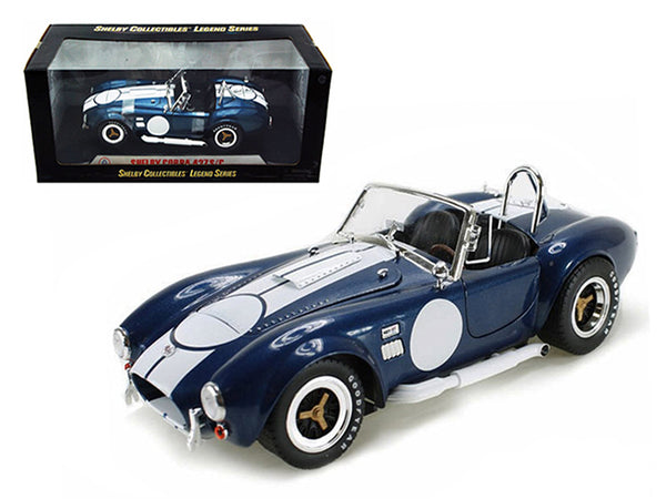 1965 Shelby Cobra 427 S/C Dark Blue Metallic with White Stripes with Printed Carroll Shelby\'s Signature on the Trunk 1/18 Diecast Model Car by Shelby Collectibles