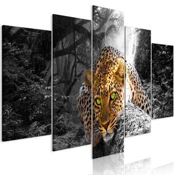 Canvas Print - Leopard Lying (5 Parts) Wide Grey