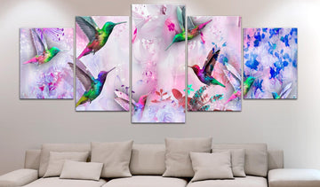 Canvas Print - Colourful Hummingbirds (5 Parts) Wide Violet