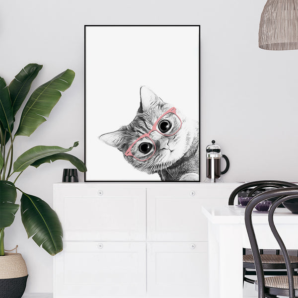 70cmx100cm Cat With Glasses Black Frame Canvas Wall Art