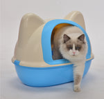 Medium Hooded Cat Toilet Litter Box Tray House With Scoop Blue