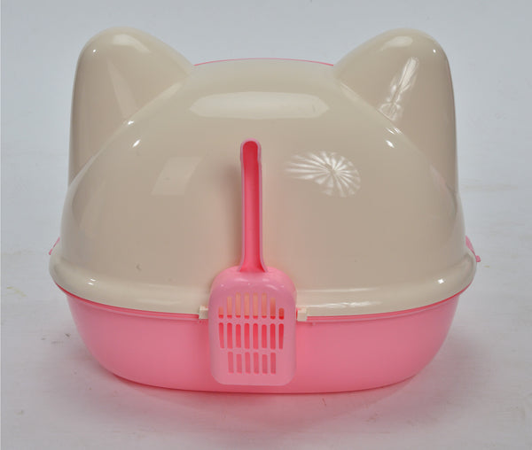 Medium Hooded Cat Toilet Litter Box Tray House With Scoop Pink