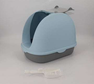 Portable Hooded Cat Toilet Litter Box Tray House with Handle and Scoop Blue