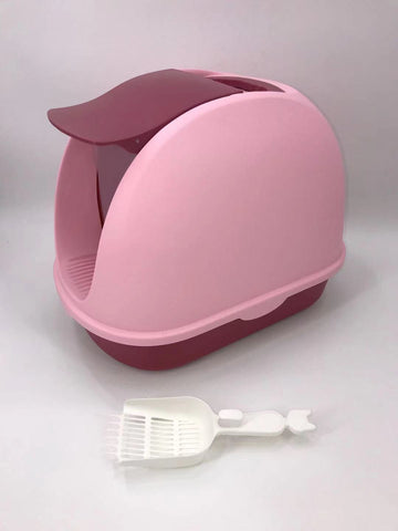 Portable Hooded Cat Toilet Litter Box Tray House with Handle and Scoop Pink