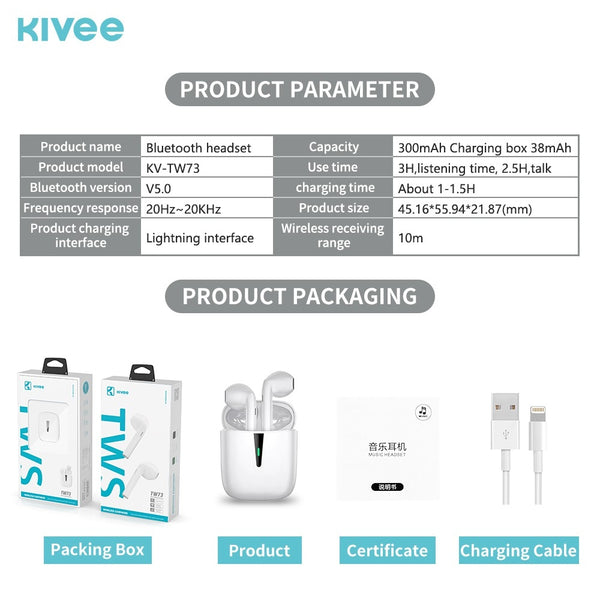 Kivee TW73 Bluetooth 5.0 Wireless Earphone White