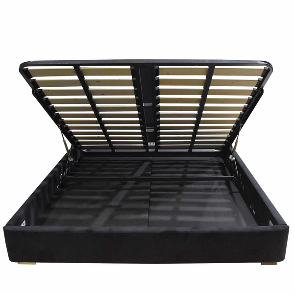 ALPHA QUEEN Black Velvet Gas Lift Storage Bedframe Golden Frame