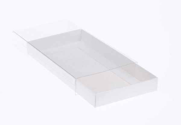 10 Pack of White Card Square Box - Clear Slide On Lid - 20 x 20 x 8cm -  Large Beauty Product Gift Giving Hamper Tray Merch Fashion Cake Sweets Xmas