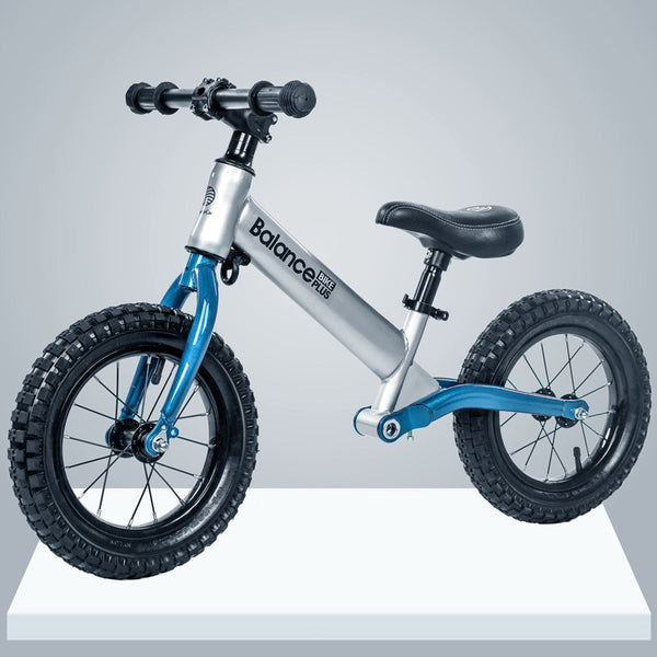 Bike Plus Kids Balance Bike Training Aluminium - Silver with Suspension - 12" Rubber Tyres - Foot Pegs -Ride On No Pedal Push