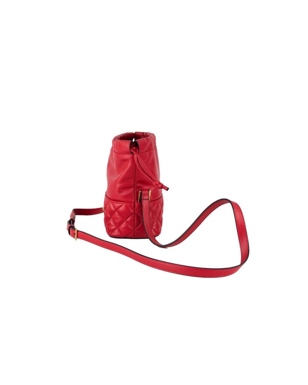 Red Quilted Leather Drawstring Shoulder Bag Bucket Crossbody Handbag One Size Women