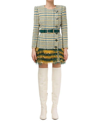 Elisabetta Franchi Tartan Texture Dress with Front Buttons and Ecoleather Belt 40 IT Women