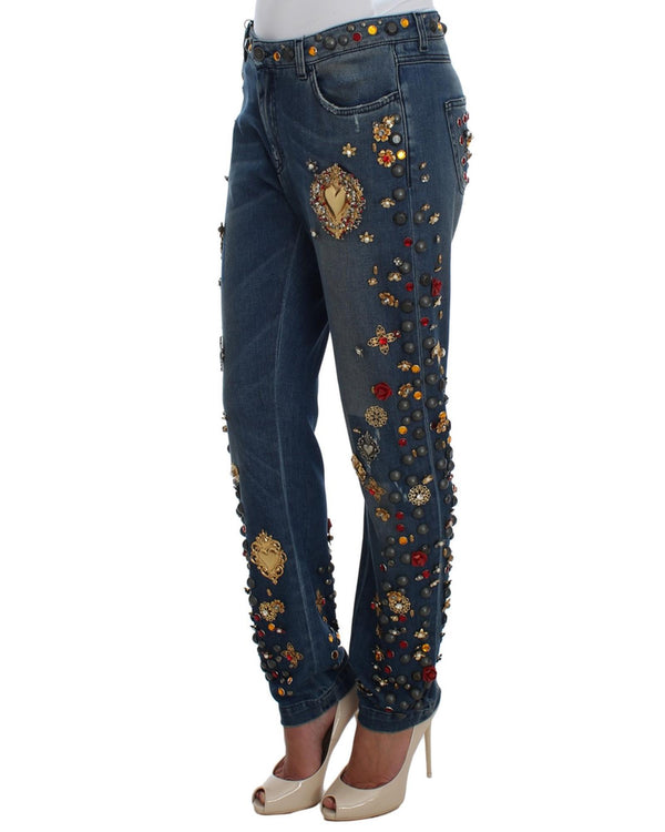 Enchanted Sicily Crystal Heart Roses Boyfriend Fit Jeans 36 IT Women