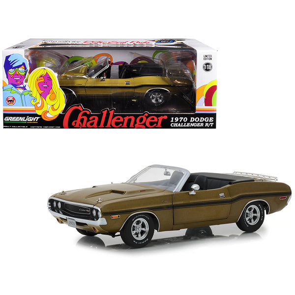 1970 Dodge Challenger R/T Convertible with Luggage Rack Metallic Gold with Black Stripes 1/18 Diecast Model Car by Greenlight