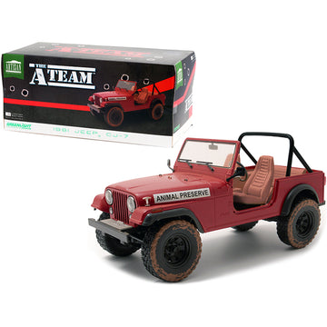 1981 Jeep CJ-7 "Animal Preserve" Red (Dirty Version) "The A-Team" (1983-1987) TV Series 1/18 Diecast Model Car by Greenlight