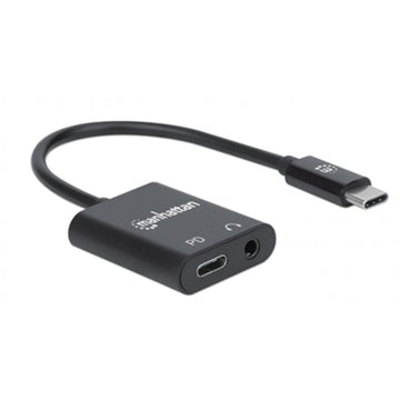 Manhattan USB-C to Headphone Jack (3.5mm) and USB-C (inc Power Delivery), Black, 480 Mbps (USB 2.0), Cable 11cm, Audio, With Power Delivery to USB-C Port (60W), Equivalent to Startech CDP235APDM , Three Year Warranty, Retail Box