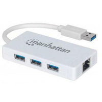 Manhattan USB-A 3-Port Hub with Gigabit Ethernet Adapter, 3x USB-A Ports, 5 Gbps (USB 3.2 Gen1 aka USB 3.0), 1x Ethernet 10/100/1000Mbps network, Equivalent to Startech ST3300GU3B, RJ45, SuperSpeed USB, White, Three Year Warranty, Blister