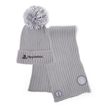 SONY Playstation Logo Bobble Ribbed Beanie & Scarf Gift Set, Unisex, Grey (GS620385SNY)