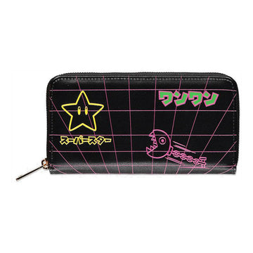 NINTENDO Super Mario Bros. Neon Retro Characters Outline Zip-Around Wallet Purse, Female, Black (GW060308NTN)