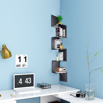 Wood Corner 5 tiers Wall Shelf Zig Zag Wooden Shelves Wooden Mount Rack Home Furniture Black