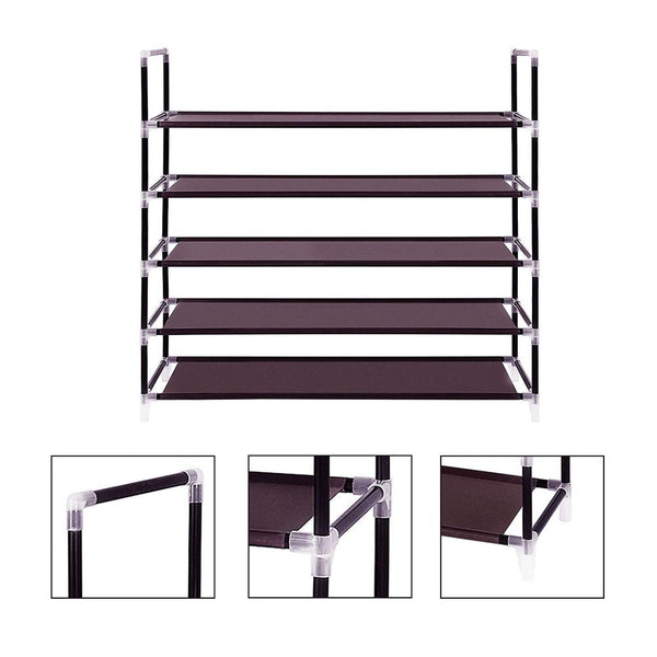 Simple Assembly 5 Tiers Non-woven Fabric Shoe Rack with Handle Dark Brown