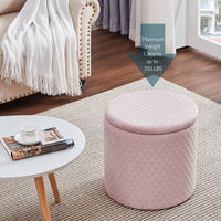 45cm Velvet Round Footstool Storage Ottoman Stool, Oversized Padded Seat Pouffes Vanity Chair with Lattice Design Lids Footrest for Living Room Bedroom (Pink)